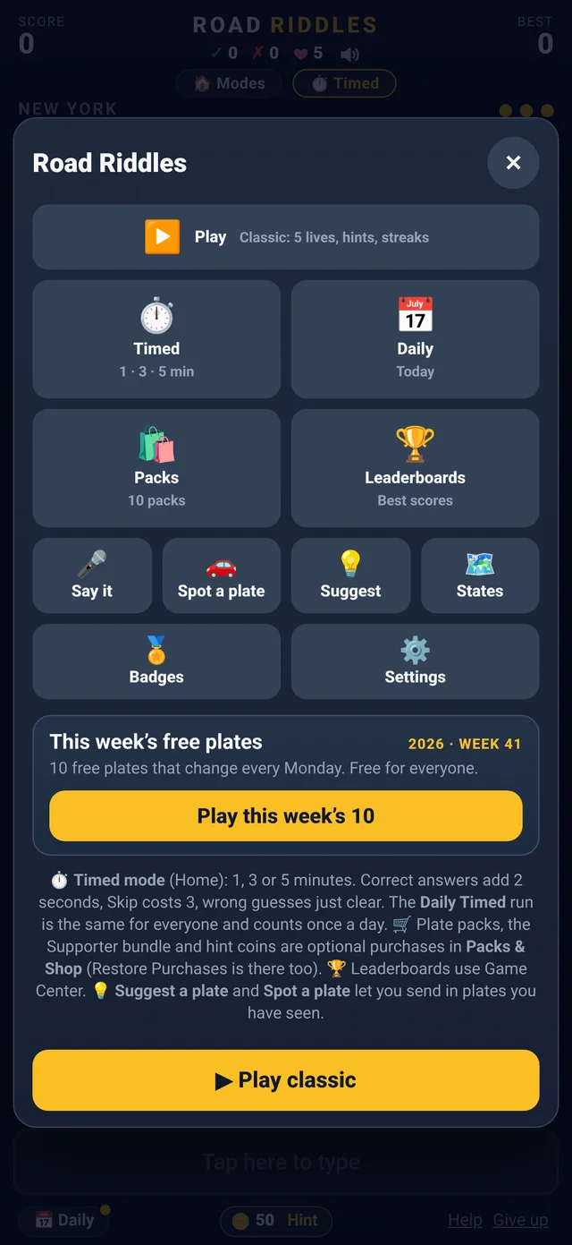 Road Riddles home screen with Play, Timed, Daily, Packs and Leaderboards