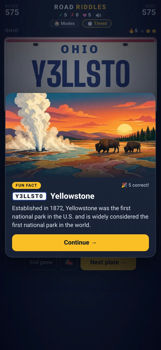 A solved Ohio plate with a fun fact about Yellowstone